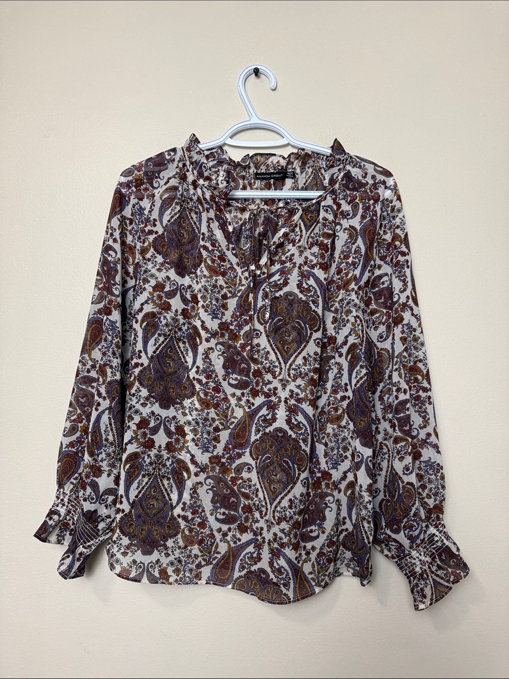Amanda Green Paisley Tie-Neck Sheer Blouse size M
